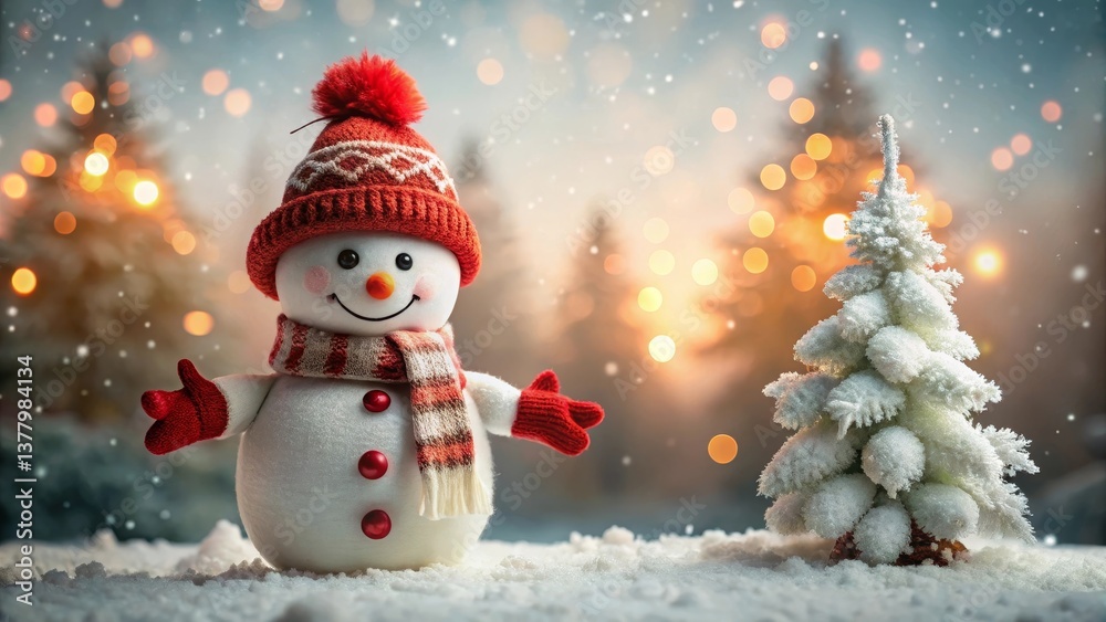 Fototapeta premium Joyful snowman with red hat and scarf in winter wonderland scene near snowy miniature tree with warm bokeh lights background