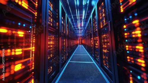 A massive data center full of glowing servers and AI systems running deep learning algorithms.
