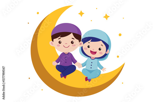 Cute Cartoon Muslim Kids Celebrating Ramadan on Crescent Moon with Stars, Islamic Holiday Celebration