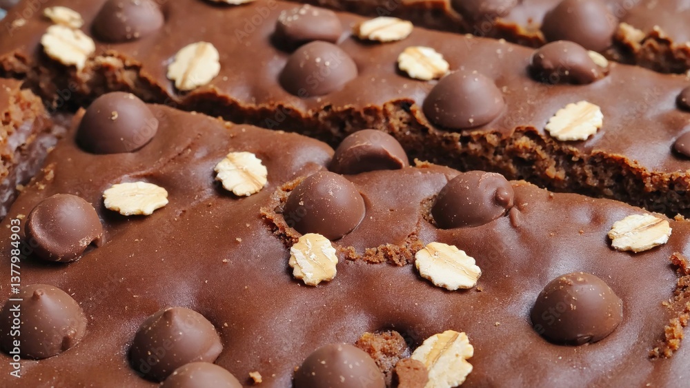 A mesmerizing close-up detail showcasing the delightful combination of choco chips and oats on a rich brownie surface, perfect for any dessert lover. A mesmerizing close-up detail showcasing the delightful combination of choco chips and oats on a rich brownie surface, perfect for any dessert lover.