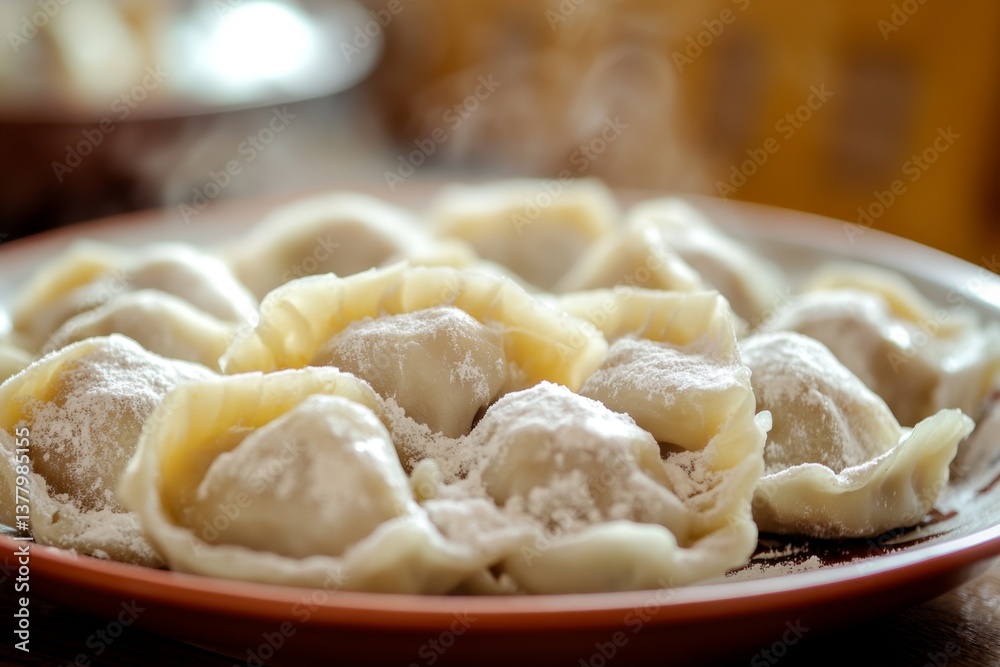 Homemade dumplings on plate, dusted with flour, kitchen background Homemade dumplings on plate, dusted with flour, kitchen background