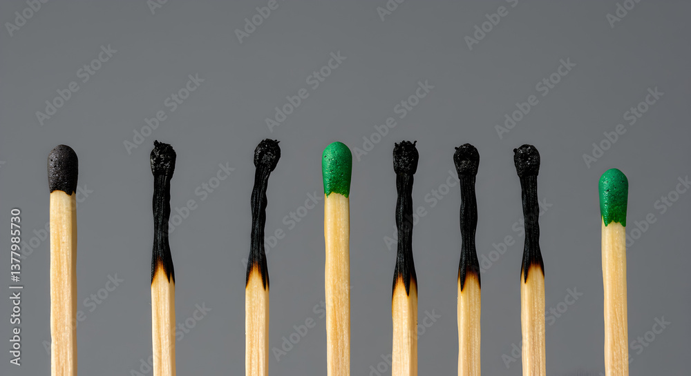 Arrangement of Burnt and Unburnt Matches with Green Tips on Gray Background Arrangement of Burnt and Unburnt Matches with Green Tips on Gray Background
