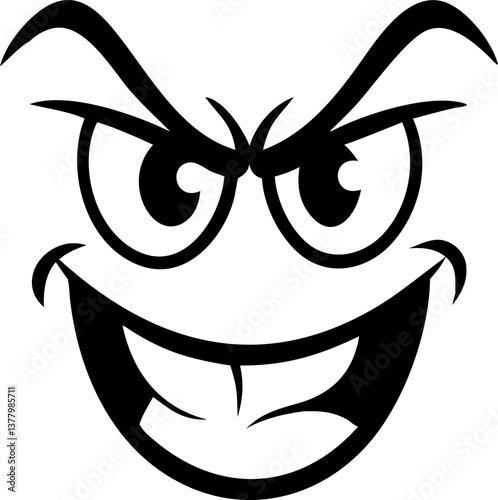 Evil Grin Cartoon Face Black Silhouette of Mischievous Smile with Wicked Eyes on White Background