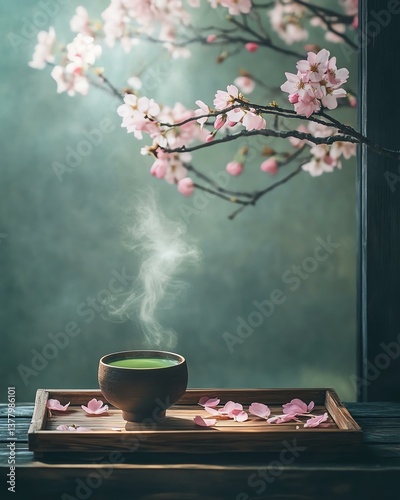 Rustic sakura setting with a wooden tray in a rustic sakura setting of petals and a rustic sakura setting matcha cup in tranquil tradition