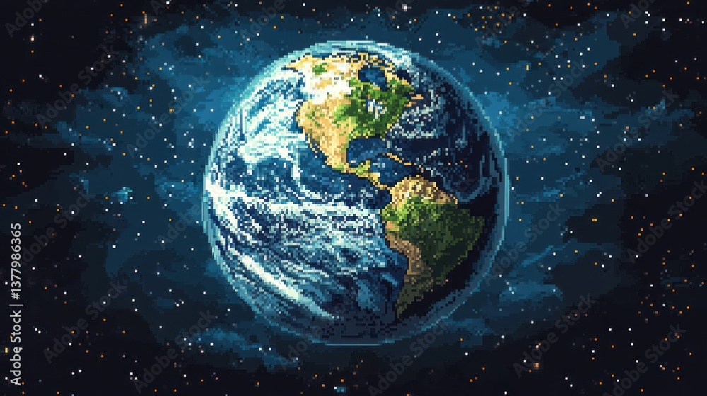 Obraz premium Pixel art depiction of Earth from space, showing continents and oceans.
