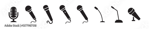 Microphone icon collection. Icons for podcasting, voice recognition, and recording. Vector illustrations.