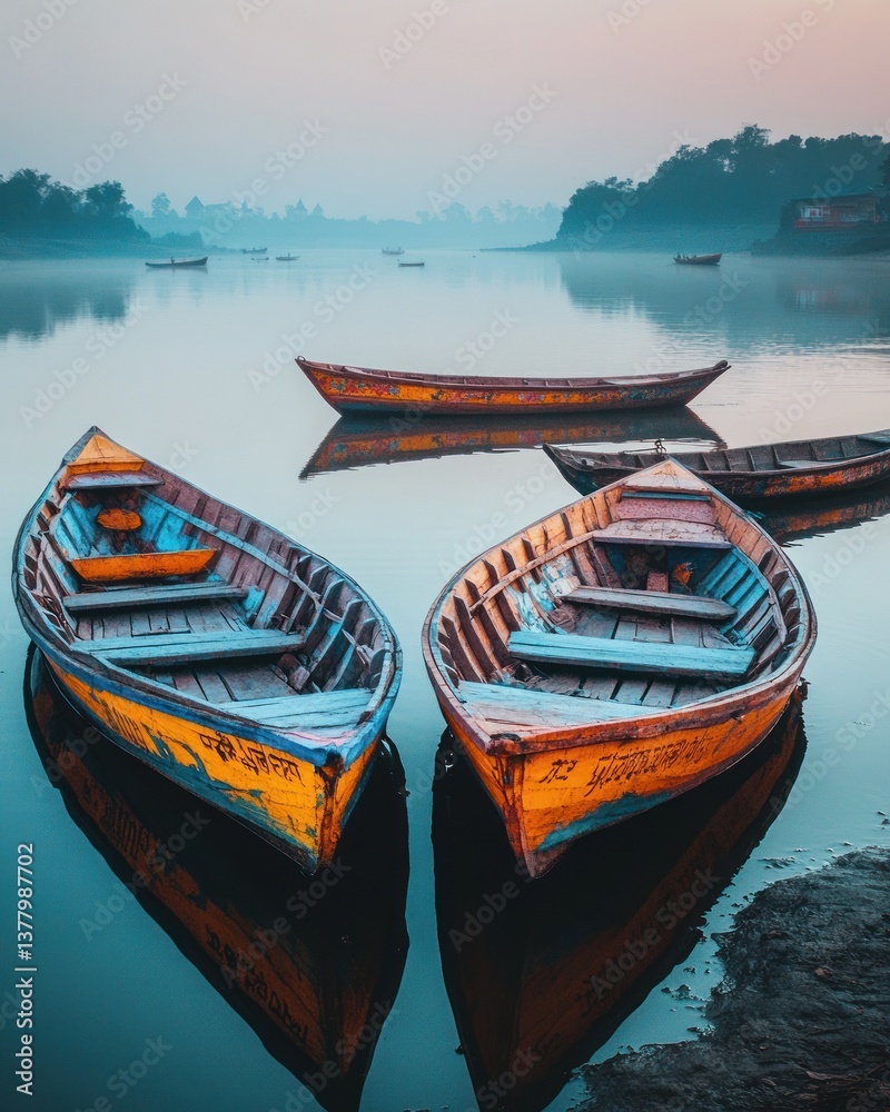 Obraz premium Colorful wooden boats on calm river at twilight