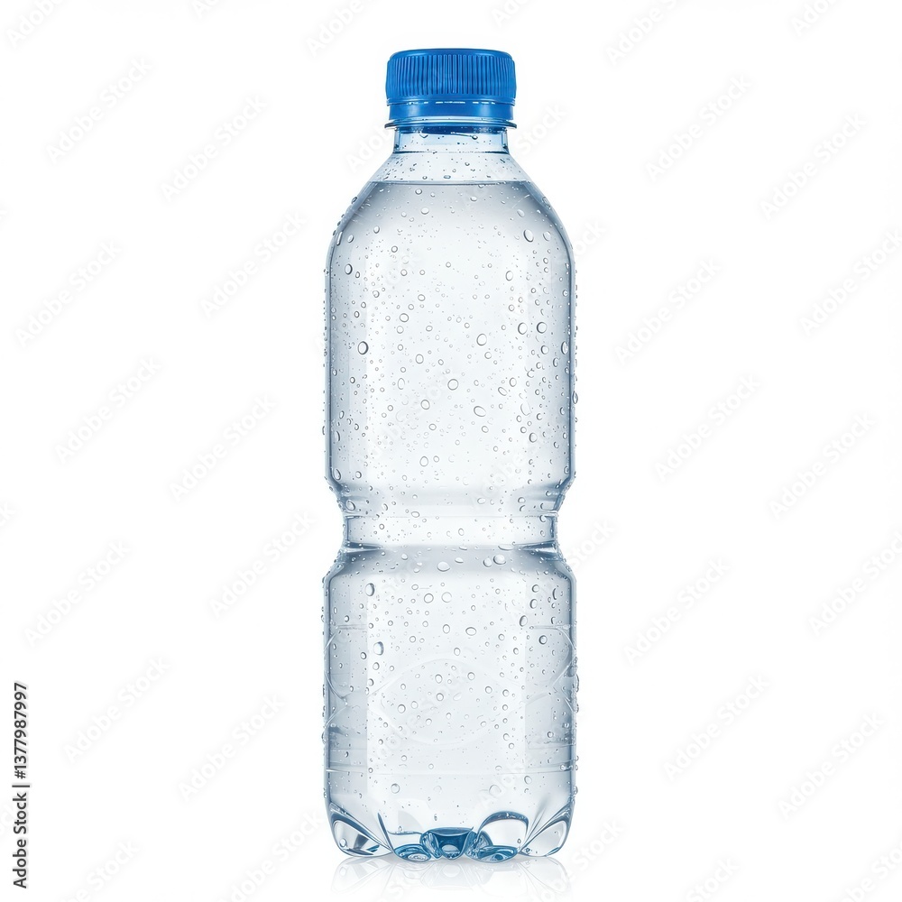 A clear plastic water bottle with a blue cap and condensation droplets on a white background shot A clear plastic water bottle with a blue cap and condensation droplets on a white background shot