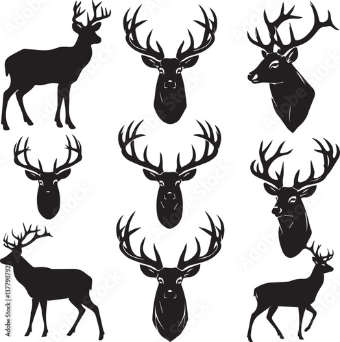 Deer silhouette vector set with wild animals and antlers in cartoon and realistic styles