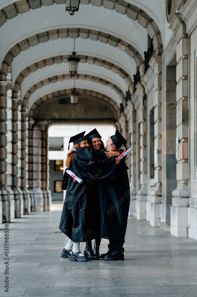 Group of graduated students wearing gowns and holding diplomas are hugging under university archway