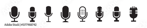 Microphone icon collection. Icons for podcasting, voice recognition, and recording. Vector illustrations.