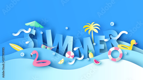SUMMER calligraphy decorated with sea, beach equipment. Summer vacation. Summer time. paper cut and craft style. vector, illustration.