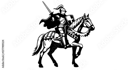 Medieval Knight on Horseback Sword Raised in Monochrome