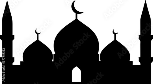 Mosque Silhouette with Crescent Moons Islamic Architecture for Ramadan, Eid alAdha, and Religious Celebrations in Black and White