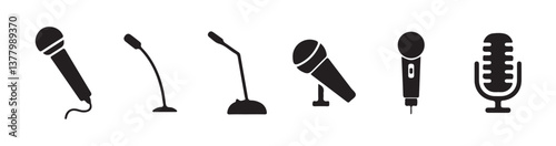 Microphone icon collection. Icons for podcasting, voice recognition, and recording. Vector illustrations.