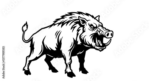 Snarling Boar in Vintage Black and White Style