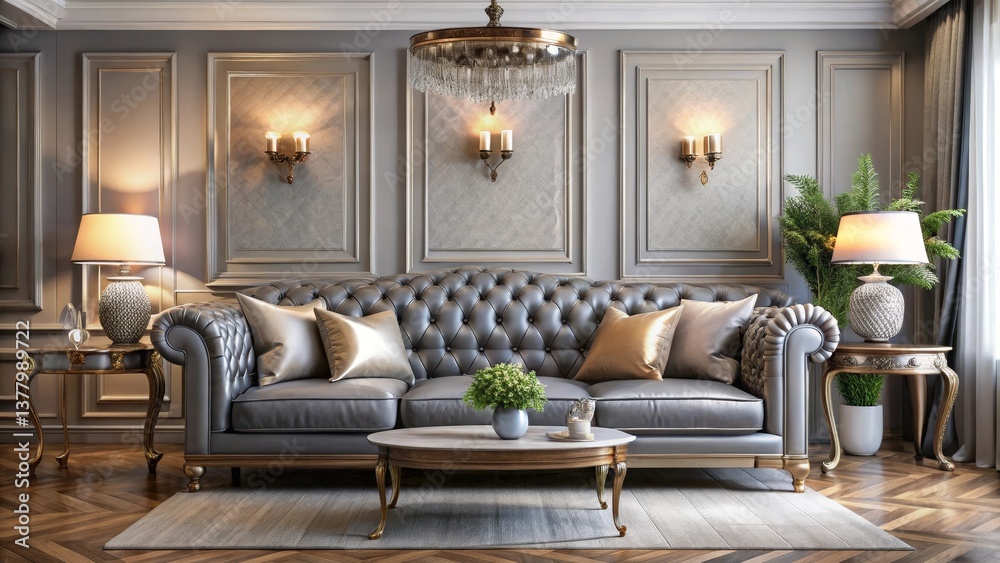 Fototapeta premium Elegant Living Room Interior Design Featuring a Luxurious Chesterfield Sofa and Ornate Decor