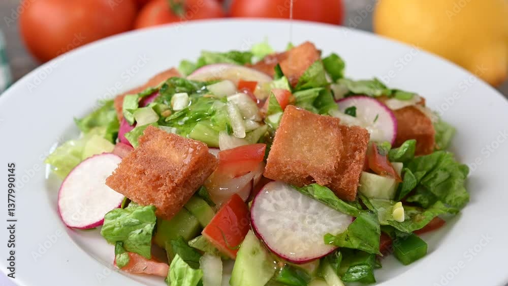 Fattoush salad, Traditional Lebanese Salad on wooden table Fattoush salad, Traditional Lebanese Salad on wooden table