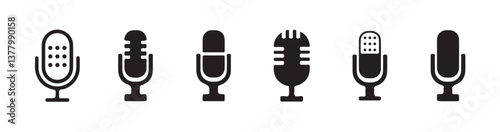 Microphone icon collection. Icons for podcasting, voice recognition, and recording. Vector illustrations.