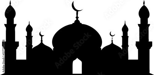Silhouette of a Grand Mosque with Minarets and Crescent Moons on White Background Illustration