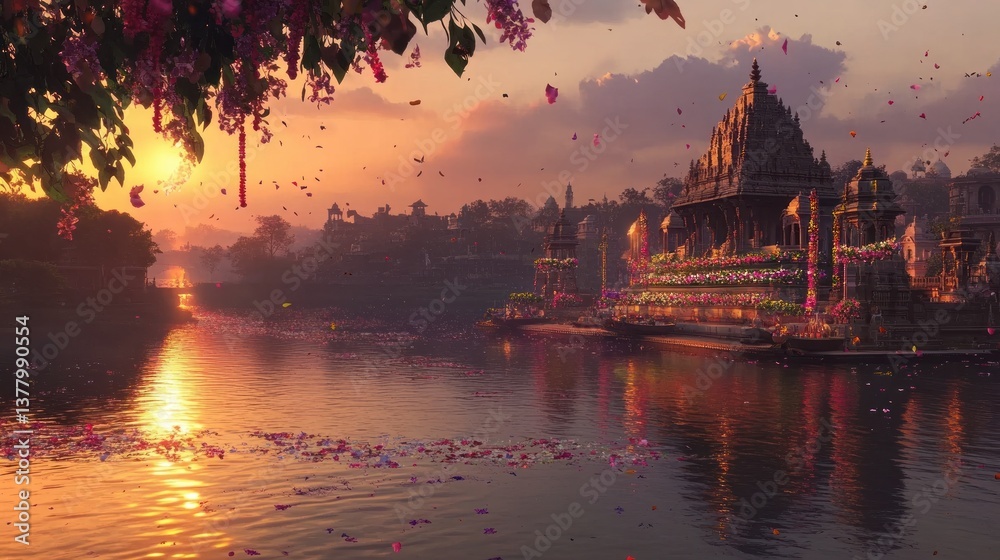 Fototapeta premium Morning light illuminates temple at riverbank with floral decorations