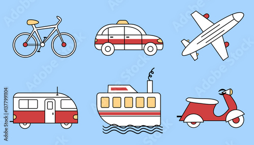 Set of six vehicles icons, including a bicycle, taxi, airplane, camper, boat, scooter.