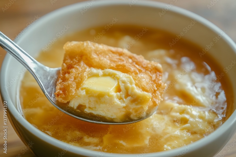 Spoonful of Egg Drop Soup with Fried Toast and Butter Spoonful of Egg Drop Soup with Fried Toast and Butter