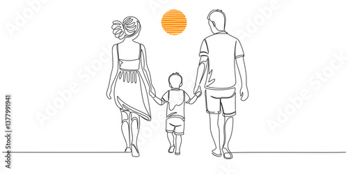 Line art vector illustration of a family walking, group of family line art style vector illustration, happy family illustration