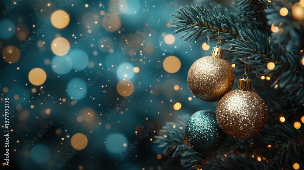Festive Christmas tree branch with gold and teal ornaments and bokeh lights. Festive Christmas tree branch with gold and teal ornaments and bokeh lights.
