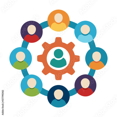 Teamwork and Collaboration Concept Circle of People Connected to a Central Gear, Illustrating Synergy and Team Effort