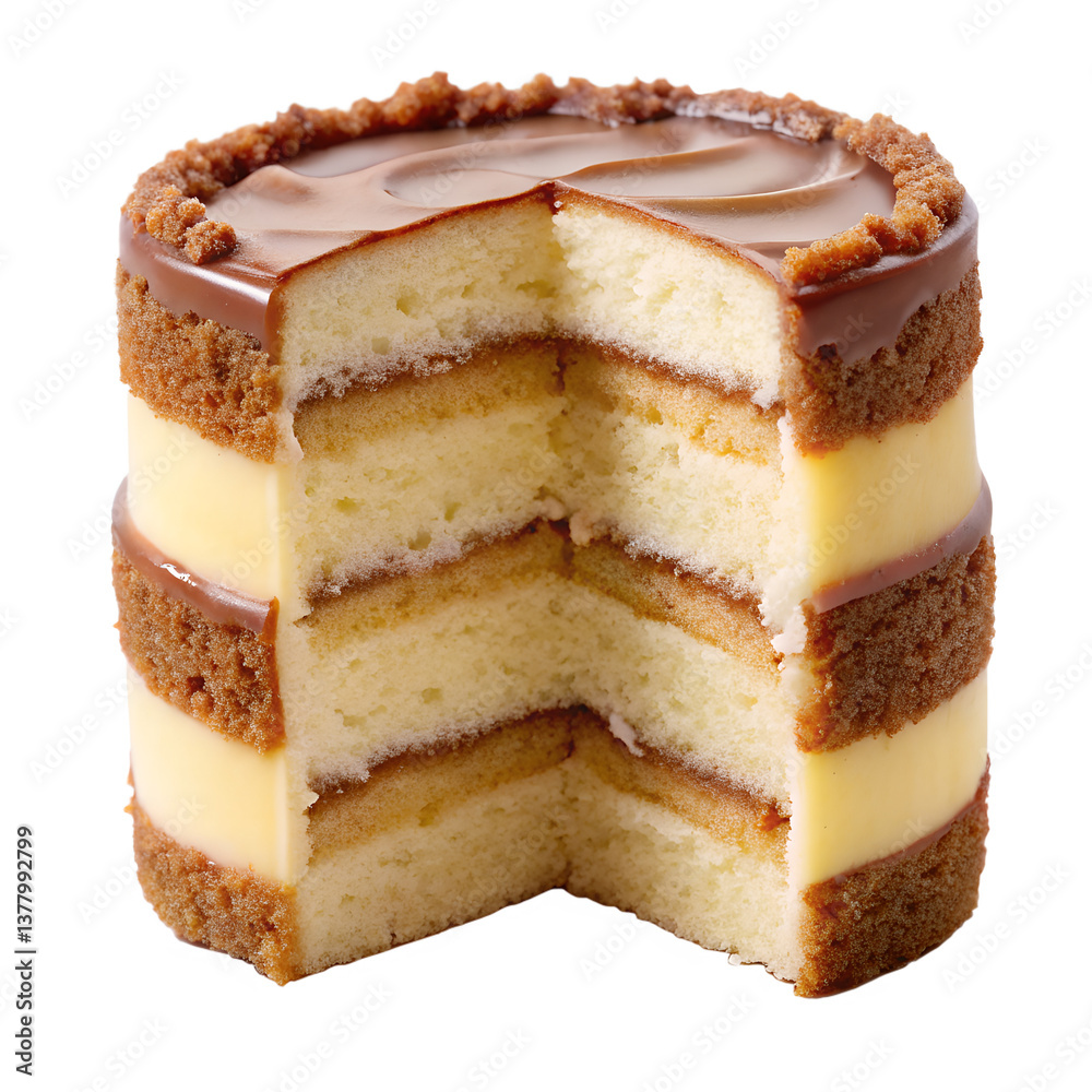 A mini cake with a slice cut out, revealing soft layers, isolated. png background. A mini cake with a slice cut out, revealing soft layers, isolated. png background.