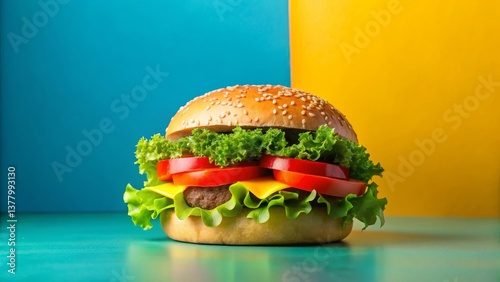 A juicy, delicious hamburger with sesame seed bun, lettuce, tomato, and cheese sits on a vibrant teal surface against a backdrop of blue and yellow