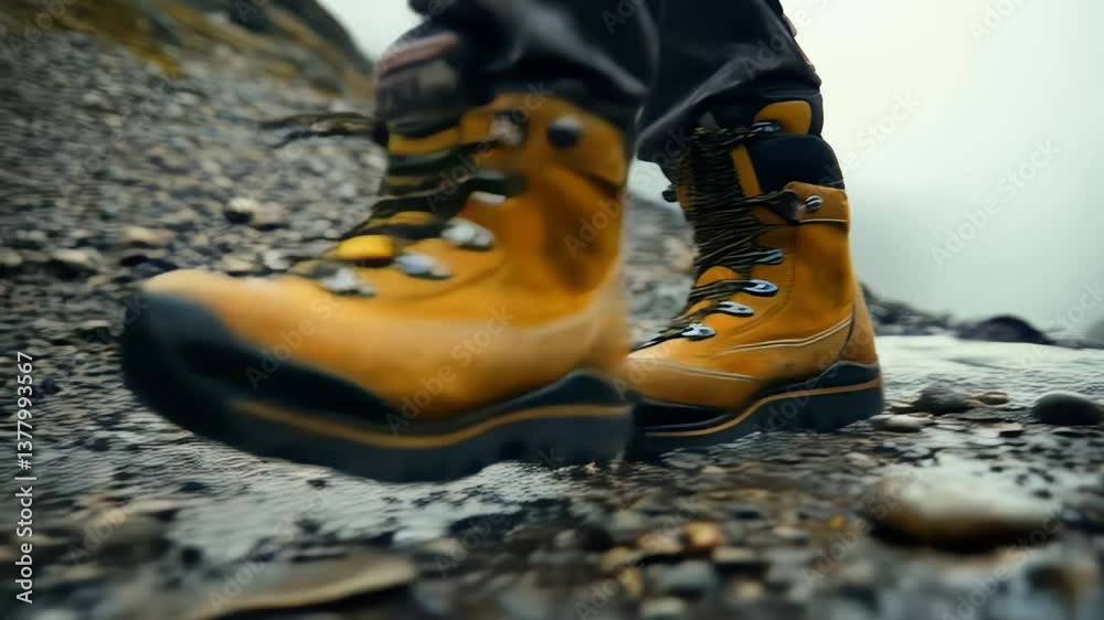 Exploring a rugged trail with sturdy hiking boots in the mountains on a misty day Exploring a rugged trail with sturdy hiking boots in the mountains on a misty day