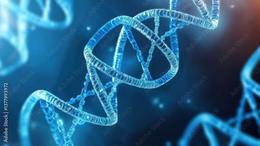 Glowing Blue DNA Double Helix Molecular Structure in Dark Background
