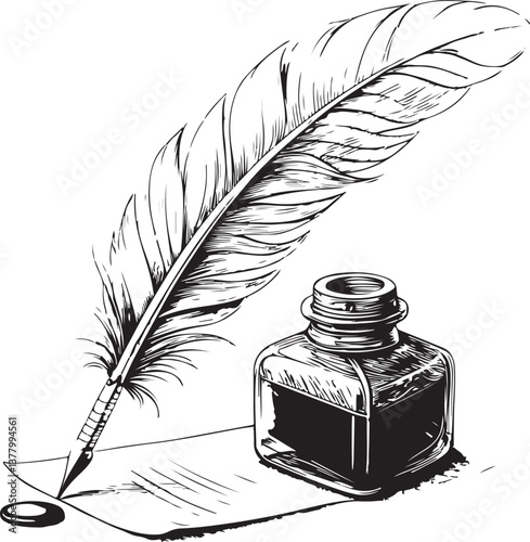 Writing Writer Letter Quill and ink bottle Black and White Vector Illustration, Sketch Drawing Line Linear Engraving, Hand-drawn Isolated