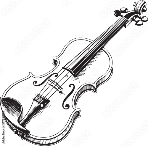 Violin Musical Instrument Music Black and White Vector Illustration, Sketch Drawing Line Linear Engraving, Hand-drawn Isolated