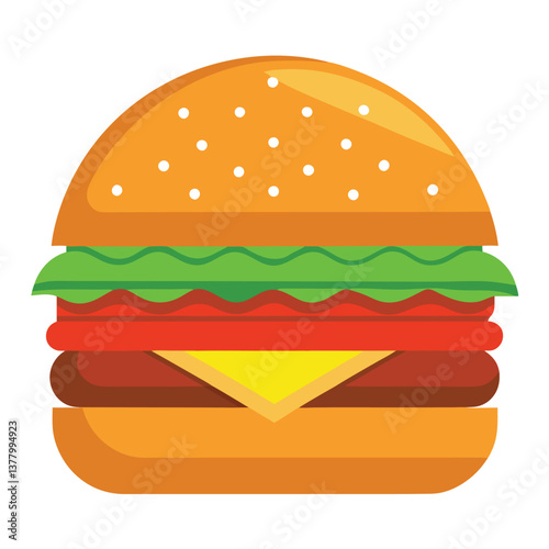 Hamburger with Lettuce, Tomato, Cheese and Meat on White Background