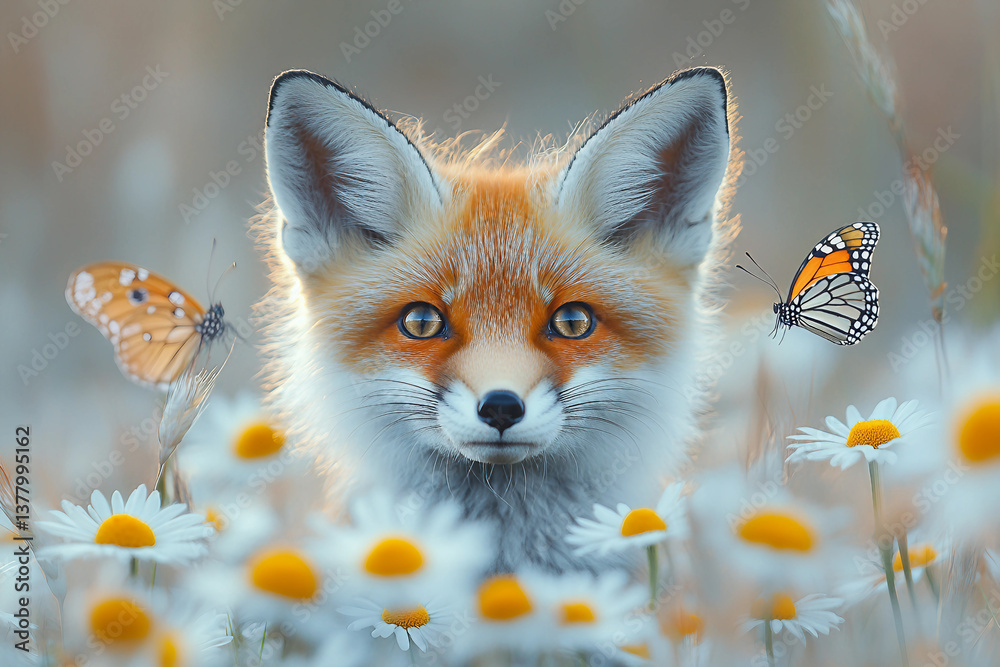 Fototapeta premium Adorable Fox Cub Watching Butterfly in Blooming Spring Field - Generative AI