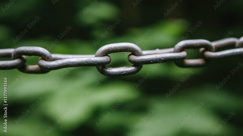 Close up of a Grey Metal Chain Against a Blurred Green Background Close up of a Grey Metal Chain Against a Blurred Green Background