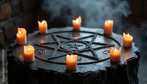 Mysterious pentagram surrounded by burning candles in a dark and mystical setting.