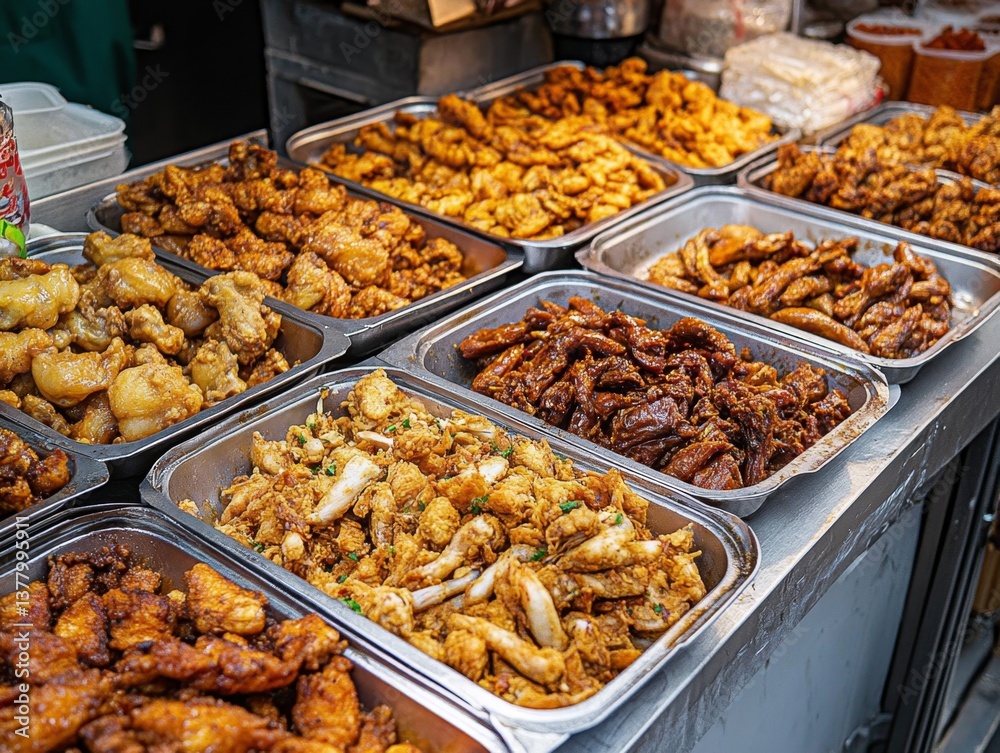 Assorted fried and stir-fried street food trays, market scene Assorted fried and stir-fried street food trays, market scene