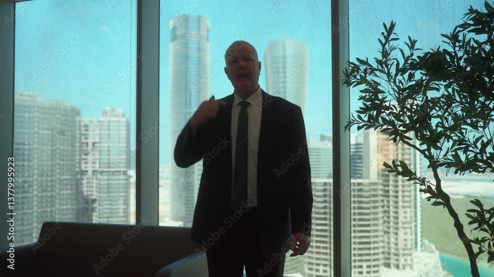 Irate businessman in an office yelling as he fires someone or is fired - slow motion skyscraper city view