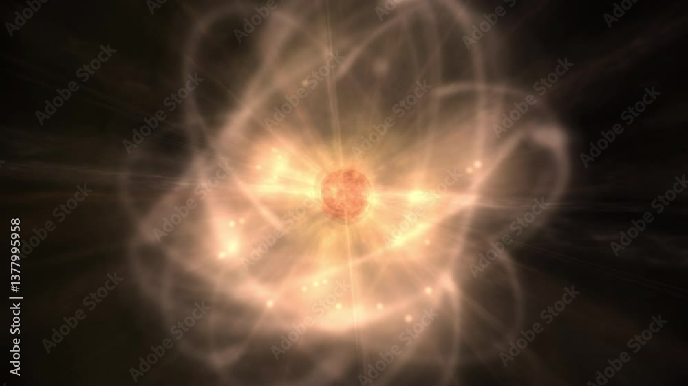 Atomic structure simulation with electron paths, nucleus and radiation spikes. 60 FPS UHD.