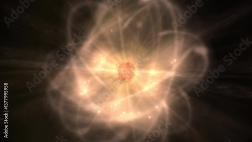 Atomic structure simulation with electron paths, nucleus and radiation spikes. 60 FPS UHD.
