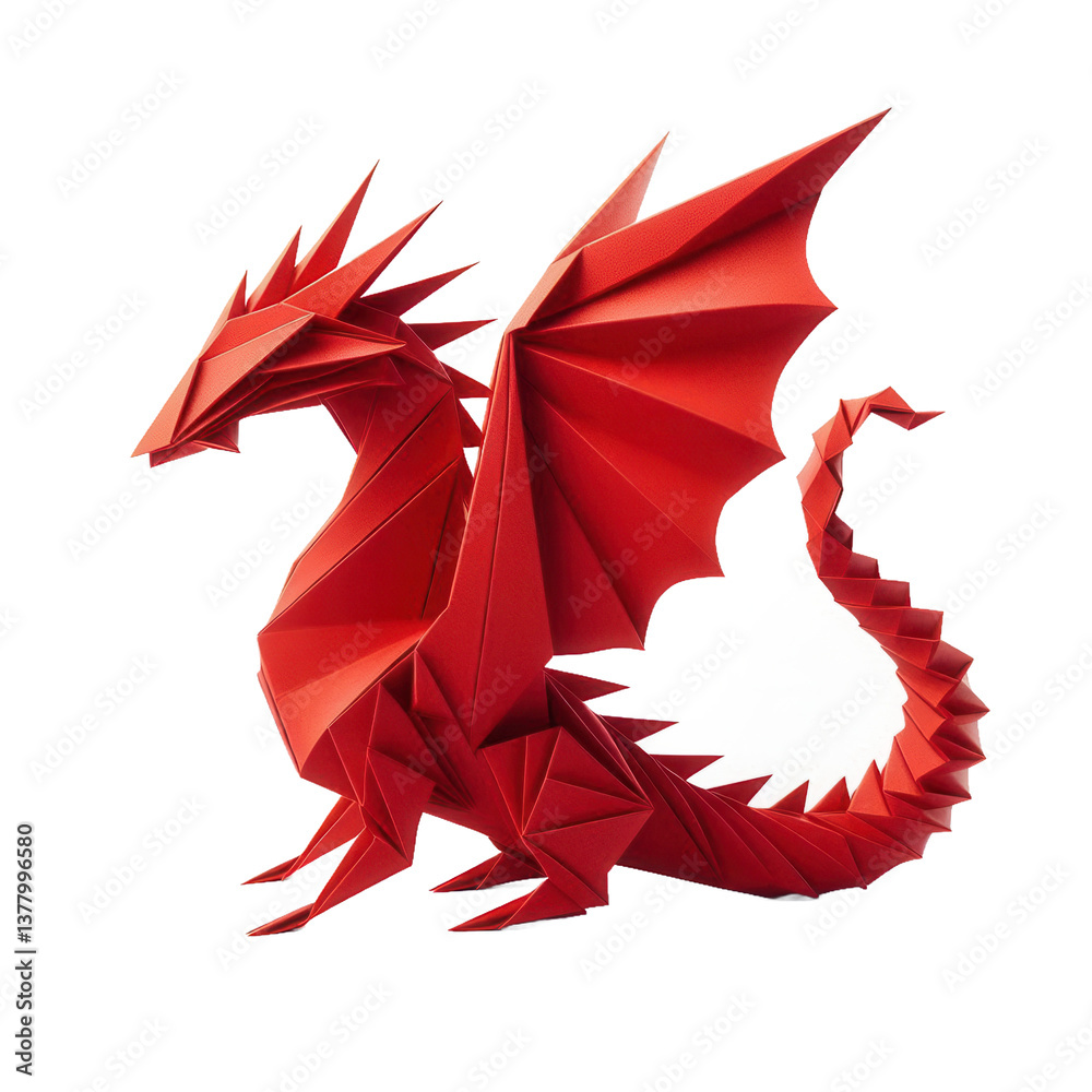 Obraz premium Red Origami Dragon with Holiday Decorations and Gift Wrapping transparent background