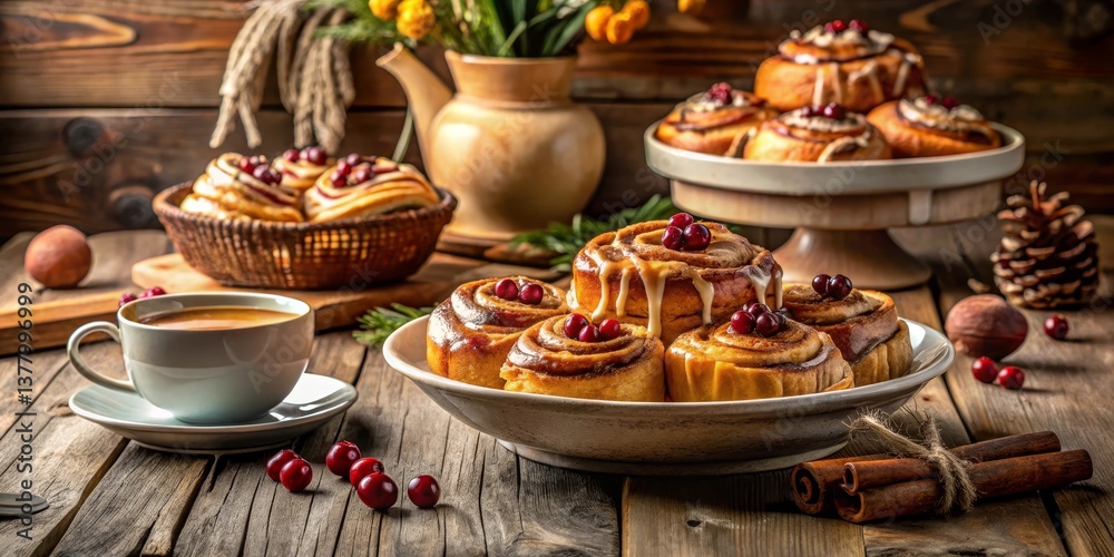 Fototapeta premium Sweet Cinnamon Rolls with Cranberries and Glaze, Served with Warm Beverage on Rustic Wooden Table