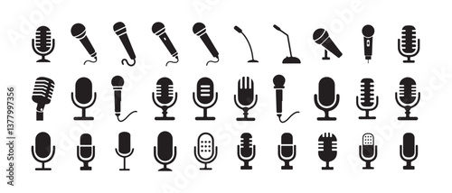 Set of microphone icons: including variant microphone, karaoke mic, podcast microphone, and web & mobile icons. Designed as vector illustrationseps 10.