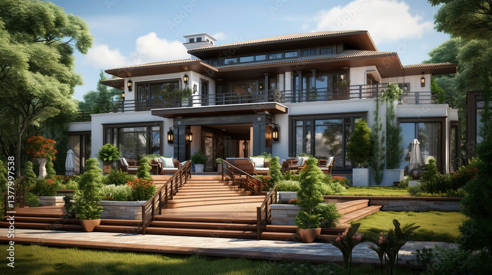 Fototapeta premium A photo of a triple-story house with wide terrace.