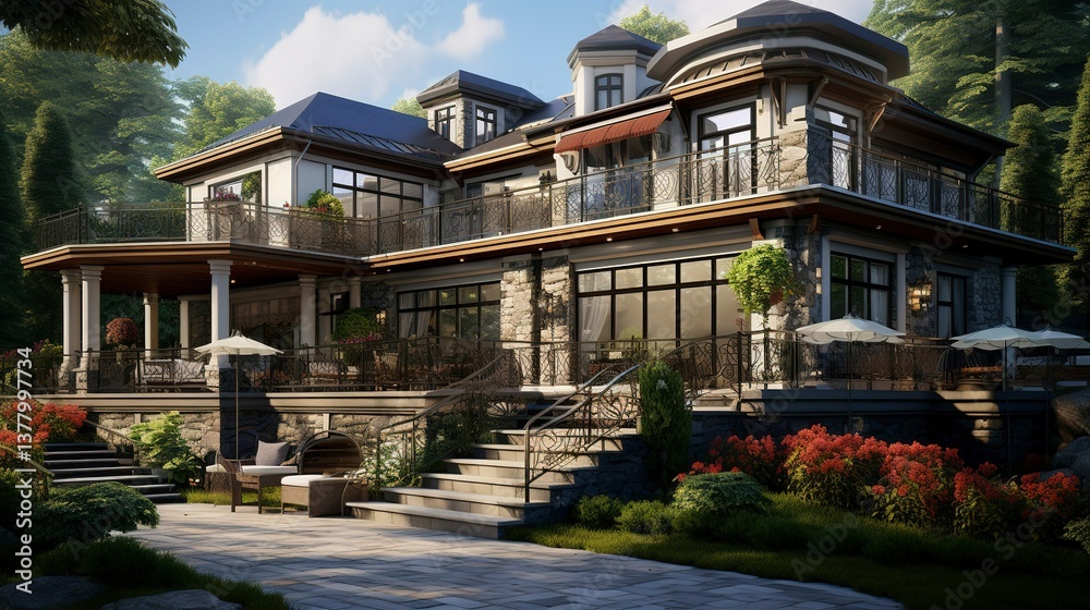 Fototapeta premium A photo of a triple-story house with wide terrace.