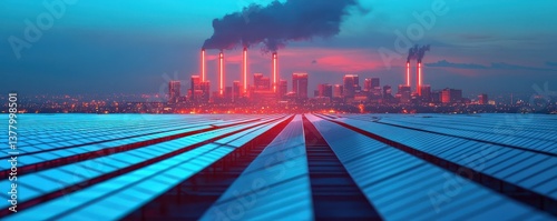 hydrogen sustainability economy concept. Urban landscape with smokestacks and vibrant colors at sunset.